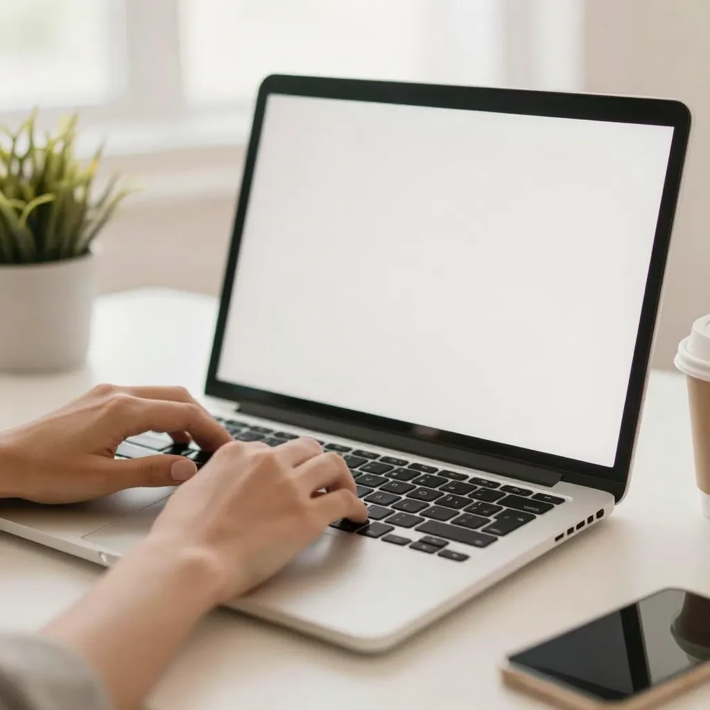 Hands typing on a laptop beside a notebook
